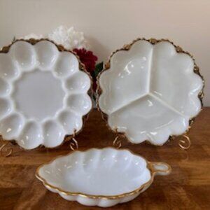 Vintage Milk Glass Deviled Egg Tray Divided Serving Dish and Leaf Handle Bowl wi